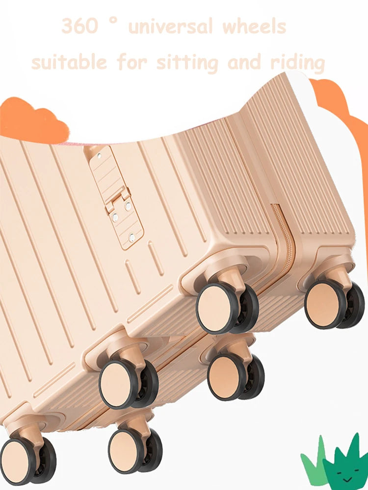 2024 Kids 20-Inch Travel Suitcase – Mini Luggage with Six Wheels, Sitting & Riding Feature, Folding Foot Pedal