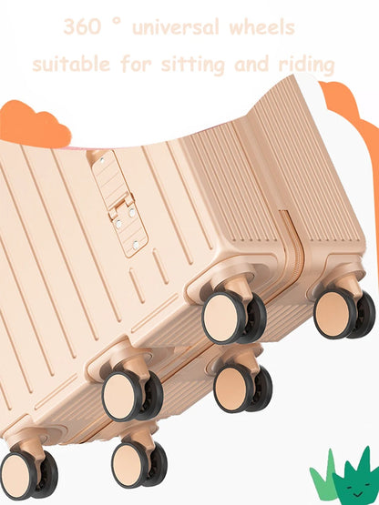 2024 Kids 20-Inch Travel Suitcase – Mini Luggage with Six Wheels, Sitting & Riding Feature, Folding Foot Pedal