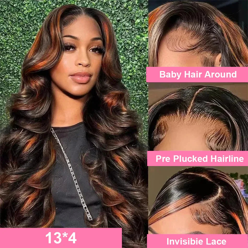 30 Inch Brazilian Body Wave Highlight Ombre Wig – 13x4 Lace Front, 1B/30 Black Brown Human Hair Wig for Women