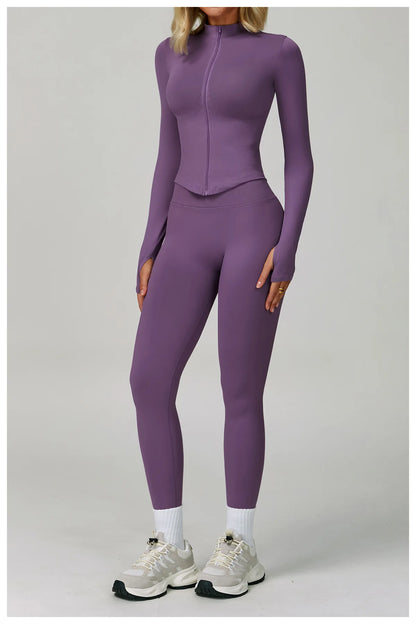 2/3PCS Women’s Seamless Yoga & Gym Set – Push-Up Sports Bra, Long Sleeve Jacket & Workout Leggings
