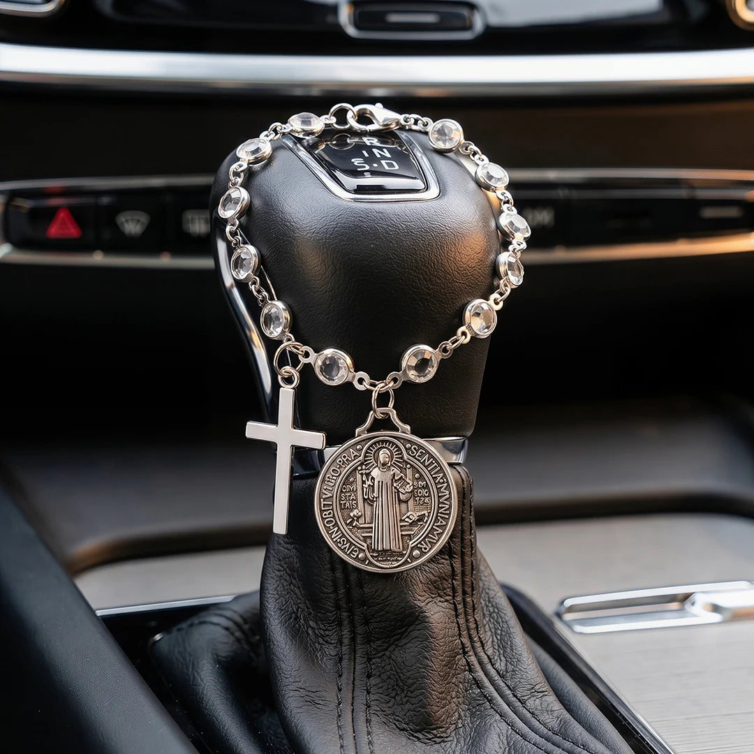 Catholic Rosary Car Pendant - St. Benedict Medal and Cross Religious Auto Interior Accessory