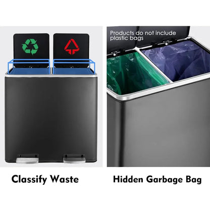 60L Dual Compartment Kitchen Step Trash Can – Hands-Free, Soft-Close Lid, Brushed Stainless Steel