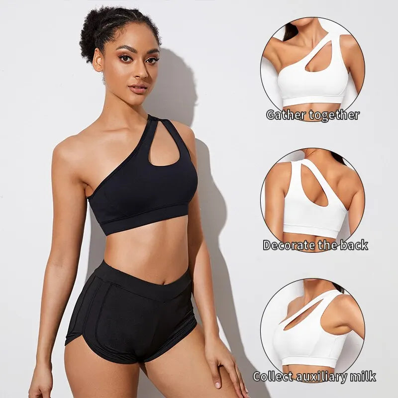 One Shoulder Push Up Sports Bra for Women – Shockproof Yoga Running Fitness Bra Sexy Black White Workout Vest