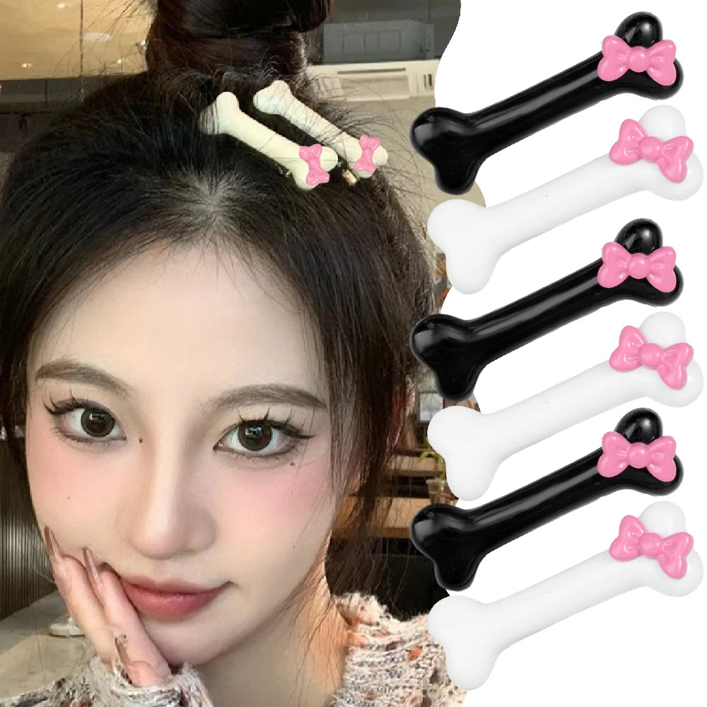 Kawaii Bow Dog Bone Hair Clips – Cute Black & White Bone Hairpins for Girls, Duckbill Barrettes Accessories