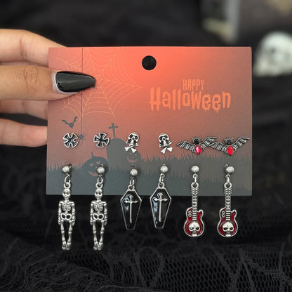 Halloween Crystal Skull Spider Drop Earrings - Gothic Red Crystal Cross and Rose Metal Earrings for Women