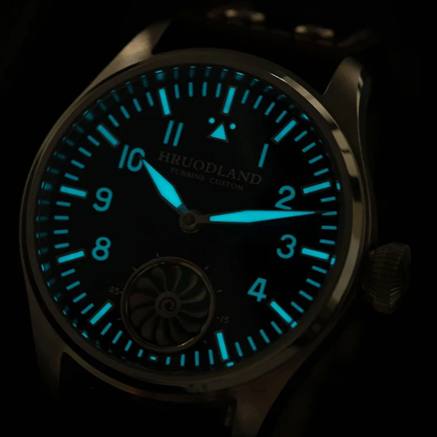 Hruodland 43MM Pilot Men’s Manual Mechanical Watch — Sapphire Crystal, BGW-9 Night Light, Turbine Design, Waterproof 5Bar