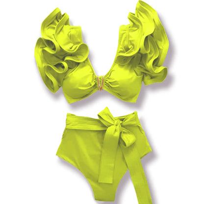Sporlike V-Neck Ruffled Bikini Set – High Waist Sexy Printed Two-Piece Swimsuit for Women 2025