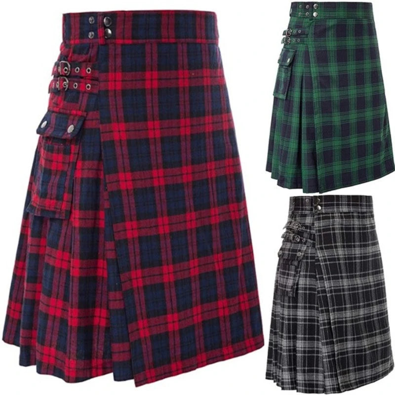 Men's Tartan Kilt Skirt – Traditional Highland Utility Kilt with Pockets, Gothic Punk Vintage Style