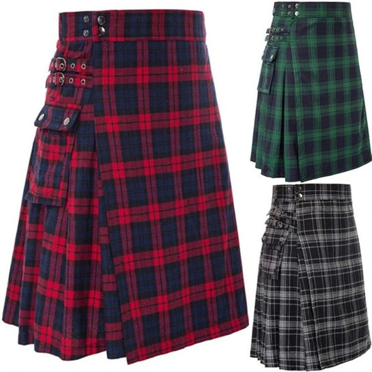 Men's Tartan Kilt Skirt – Traditional Highland Utility Kilt with Pockets, Gothic Punk Vintage Style