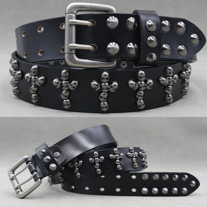 Men’s Designer Rivet Belt – Genuine Cowhide Leather Punk Rock Pin Belt for Jeans, Luxury Black Leather Belt