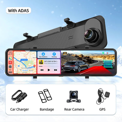 Imagebon 12" 4K Car Mirror – Wireless CarPlay, Android Auto, ADAS, Rearview Camera, GPS, FM, Night Vision Video Recorder