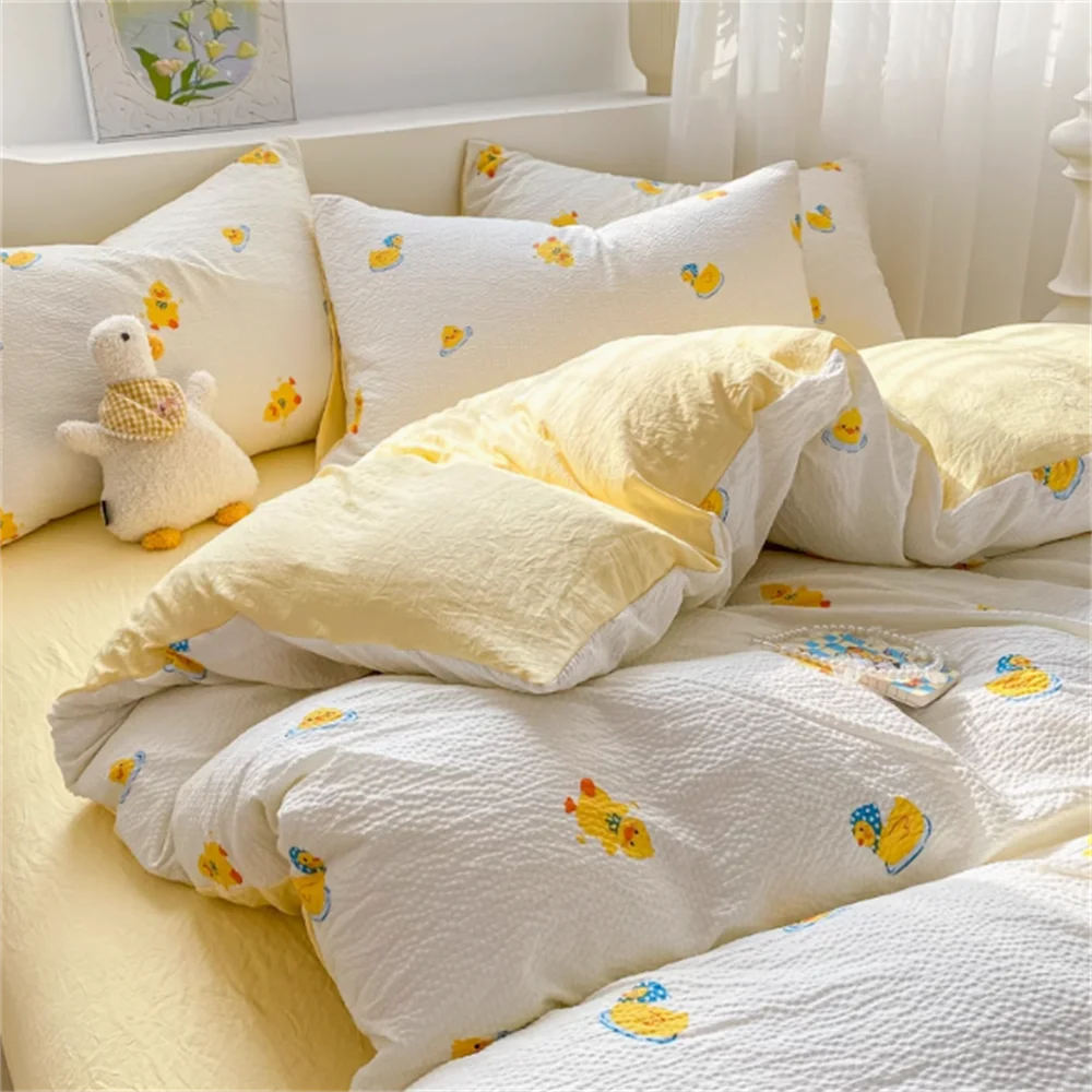Wrinkled Yarn Washed Cotton Bedding Set — Soft Duvet Cover and Bed Sheet Set, 3 or 4 Piece Non-Pure Cotton Bedroom Set
