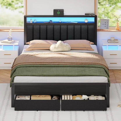 LED Bed Frame with Charging Station – Grey Upholstered Headboard with Shelves, Metal Platform Platform Bed with Custom Storage Design