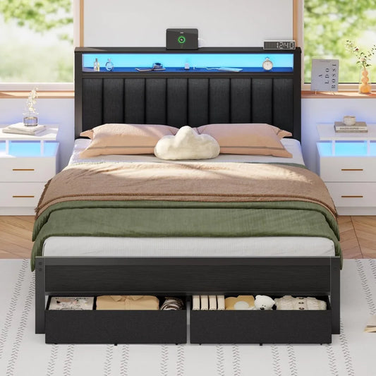 LED Bed Frame with Charging Station – Grey Upholstered Headboard with Shelves, Metal Platform Platform Bed with Custom Storage Design