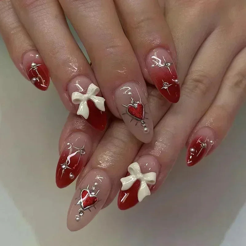 24PCS Pink Almond Press On Nails - Butterfly Ballet French Design Artificial Nail Tips for Stylish Nail Art