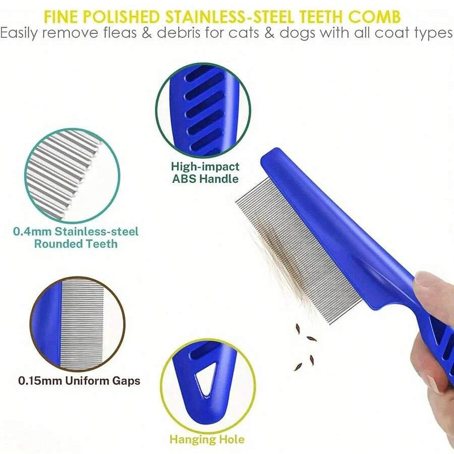 4-Pack Stainless Steel Pet Grooming Combs - Double-Sided Flea and Lice Removers for Dogs and Cats with Rounded Teeth and Tear Stain Cleaning Support