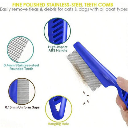 4-Pack Stainless Steel Pet Grooming Combs - Double-Sided Flea and Lice Removers for Dogs and Cats with Rounded Teeth and Tear Stain Cleaning Support