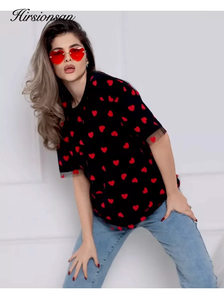 Hirsionsan Heart Mesh Patchwork Vintage T-Shirt – Y2K Aesthetic Streetwear Women’s Casual Cotton Short Sleeve Top