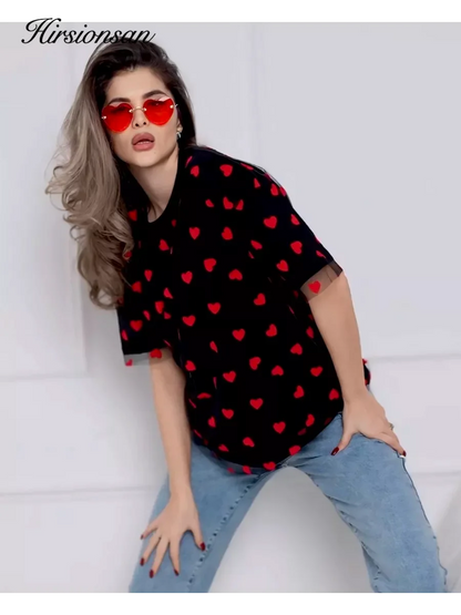 Hirsionsan Heart Mesh Patchwork Vintage T-Shirt – Y2K Aesthetic Streetwear Women’s Casual Cotton Short Sleeve Top