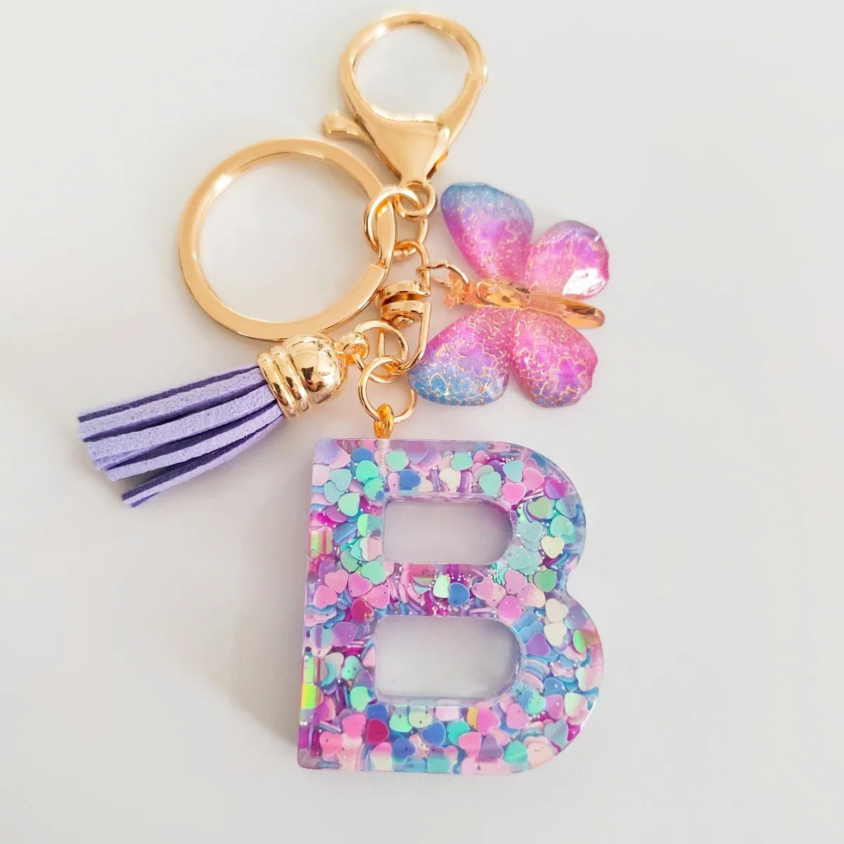 Butterfly Initial Keychain - Fringe Sequin A-Z Letter Bag Charm for Women & Students