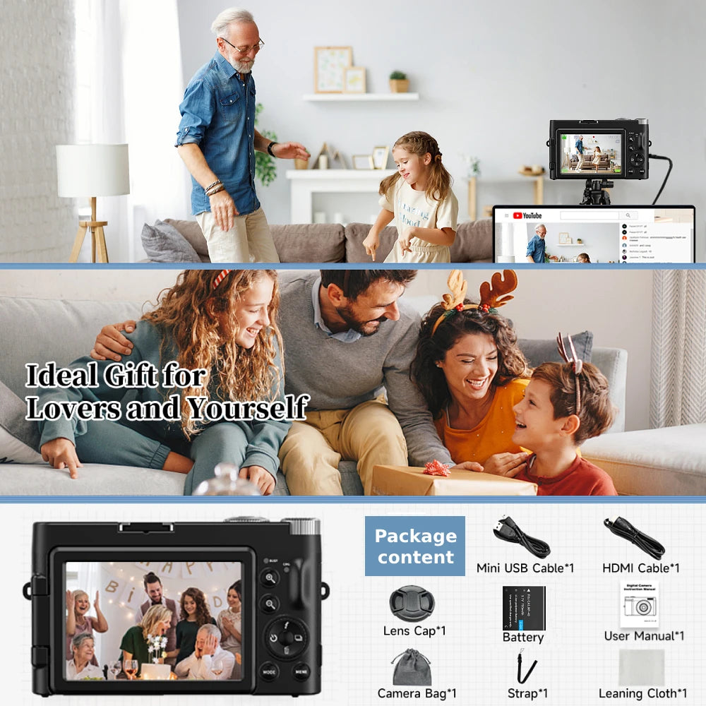 4K Digital Camera – 48MP Photography & Video, Autofocus, Anti-Shake, 3'' 180° Flip Screen with Flash, Compact Vlogging Camera