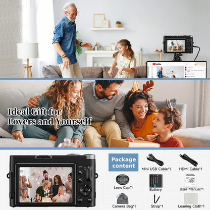 4K Digital Camera – 48MP Photography & Video, Autofocus, Anti-Shake, 3'' 180° Flip Screen with Flash, Compact Vlogging Camera