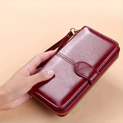 Women’s Vintage PU Leather Clutch Wallet — Large Capacity Phone Purse with Wristband, Simple Card Holder Pouch Bag
