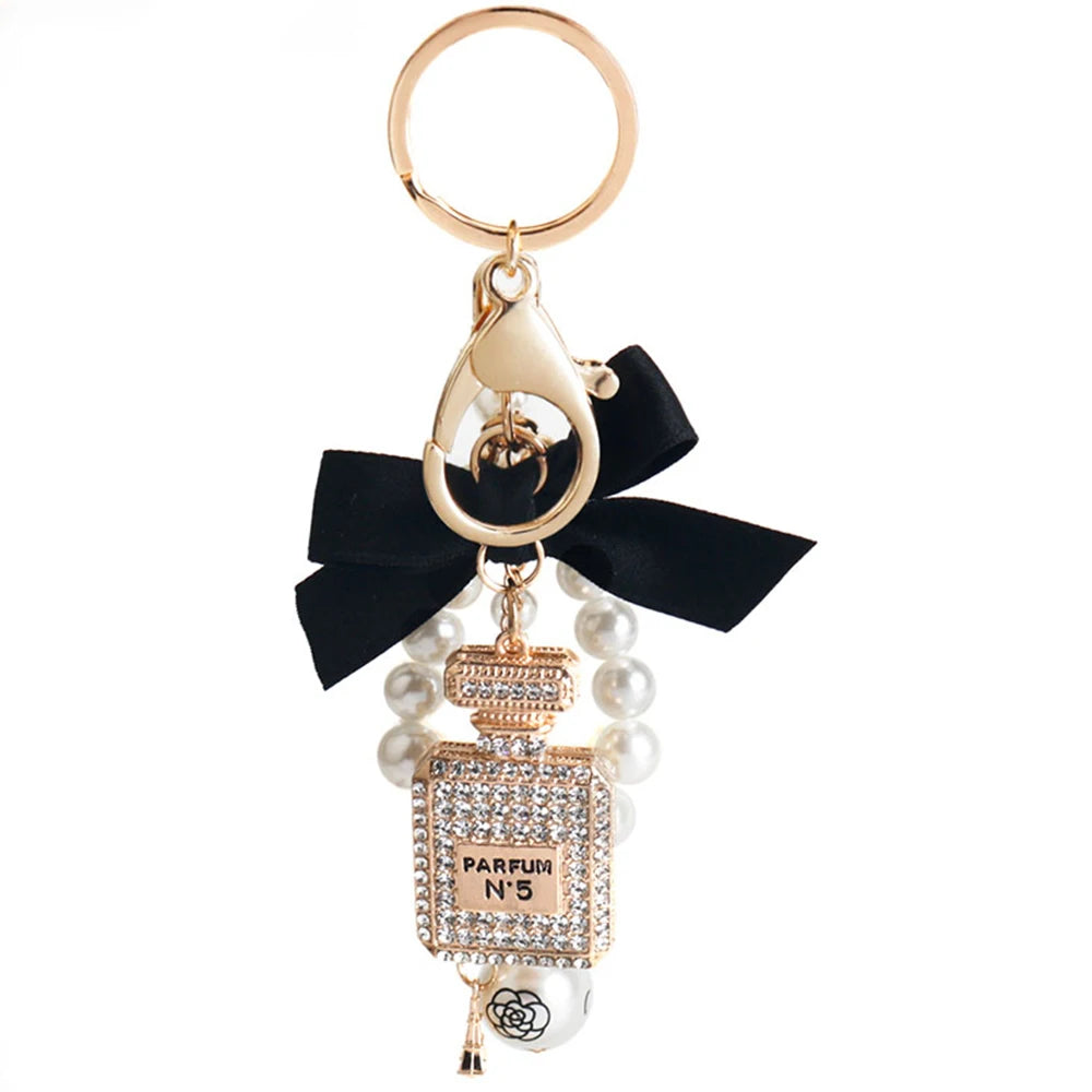 Fashion Pearl Perfume Bottle Keychain — Cute Bow Car & Bag Charm for Women, Creative Key Ring Accessory