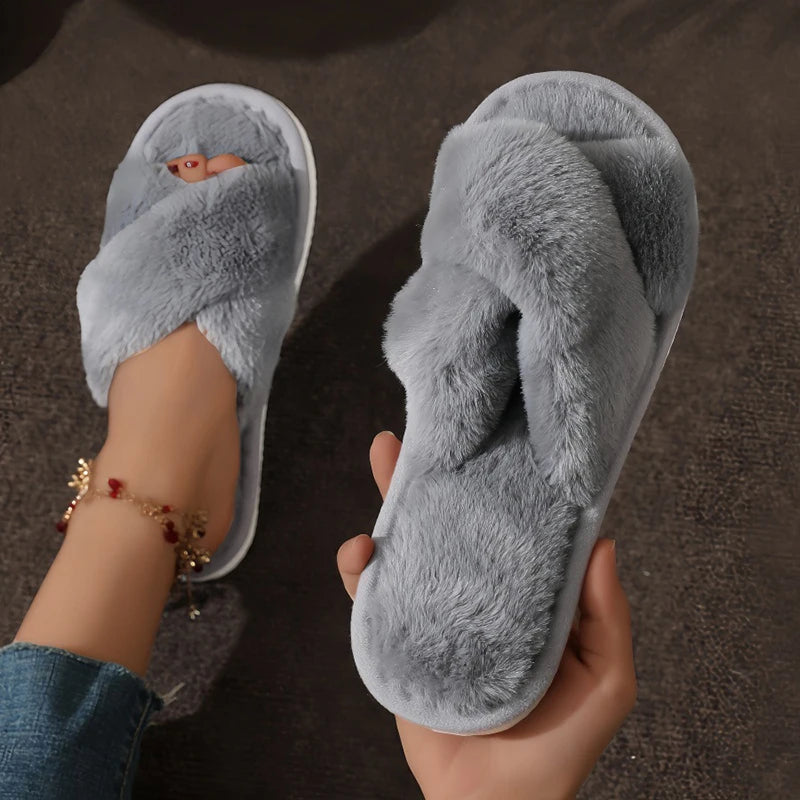 Women’s Cross Warm Fluffy Slippers – Lightweight Fur Slides with Flat Heels, Open Toe, Non-Slip Home Shoes for Autumn & Winter