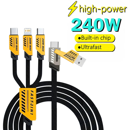 3-in-2 240W Fast Charging Cable for Micro USB & Type-C – Multi-Port Charger Cord for iPhone Huawei 1.2m