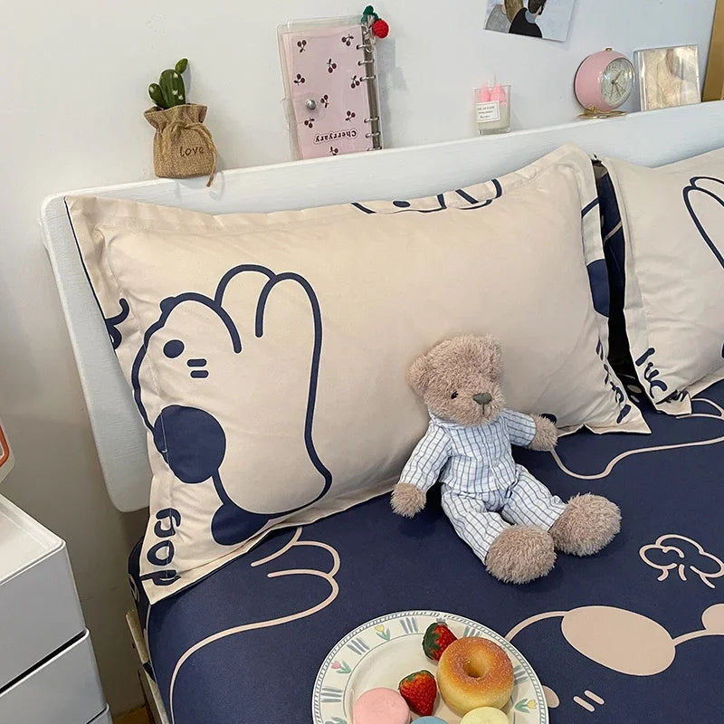 Kawaii Bear & Dog Printed Bedding Set – Floral Duvet Cover with Pillowcases, Full/Queen/King Bed Linen Quilt Sheets