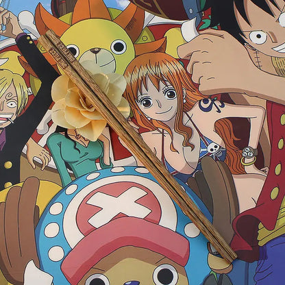 2 Pairs ONE PIECE Wooden Chopsticks – Anime Cartoon, Non-Slip, Reusable Tableware for Lunch, Sushi, with Belt Bag Accessory