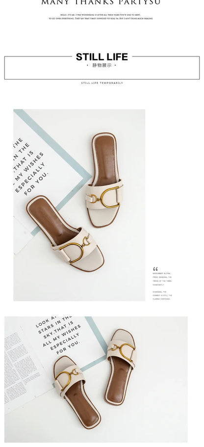 Women’s Flat Slippers — Summer Leather Square Toe Flats, Designer Slides & Luxury Sandals