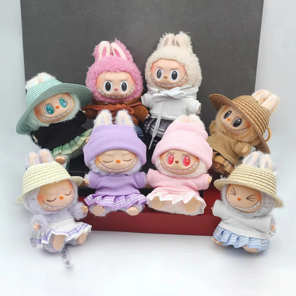 Mini Doll Clothes Outfit Set - Knitting T-shirt, Hat, Pleated Skirt & Uniform for 15-17cm Labubu Dolls