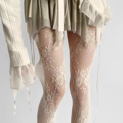 Women's Floral Lace Mesh Pantyhose - Harajuku Hollow Out Tights with Rattan Pattern Fashion Hosiery