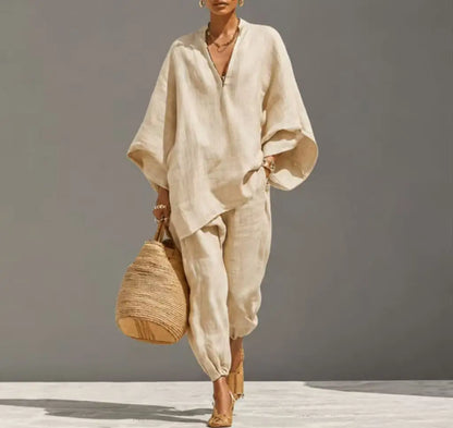 Women’s Linen Casual Set - Summer Loose Deep V-Neck Batwing Sleeve Nine-Piece Solid Color Outfit