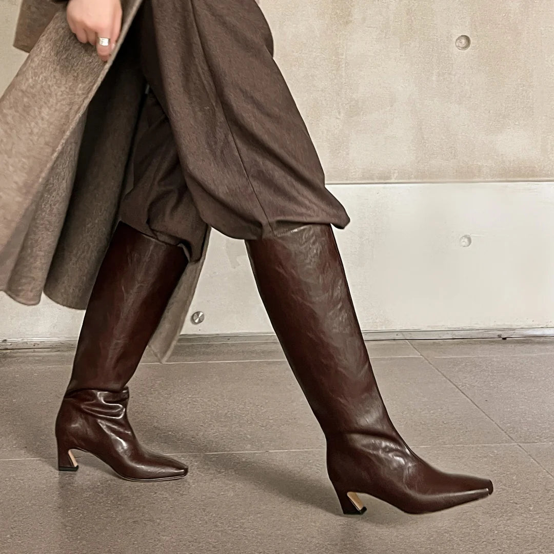 Women’s Genuine Leather Knee-High Boots – 5.5cm Thin Heel, Square Toe Slip-On Autumn Long Boots