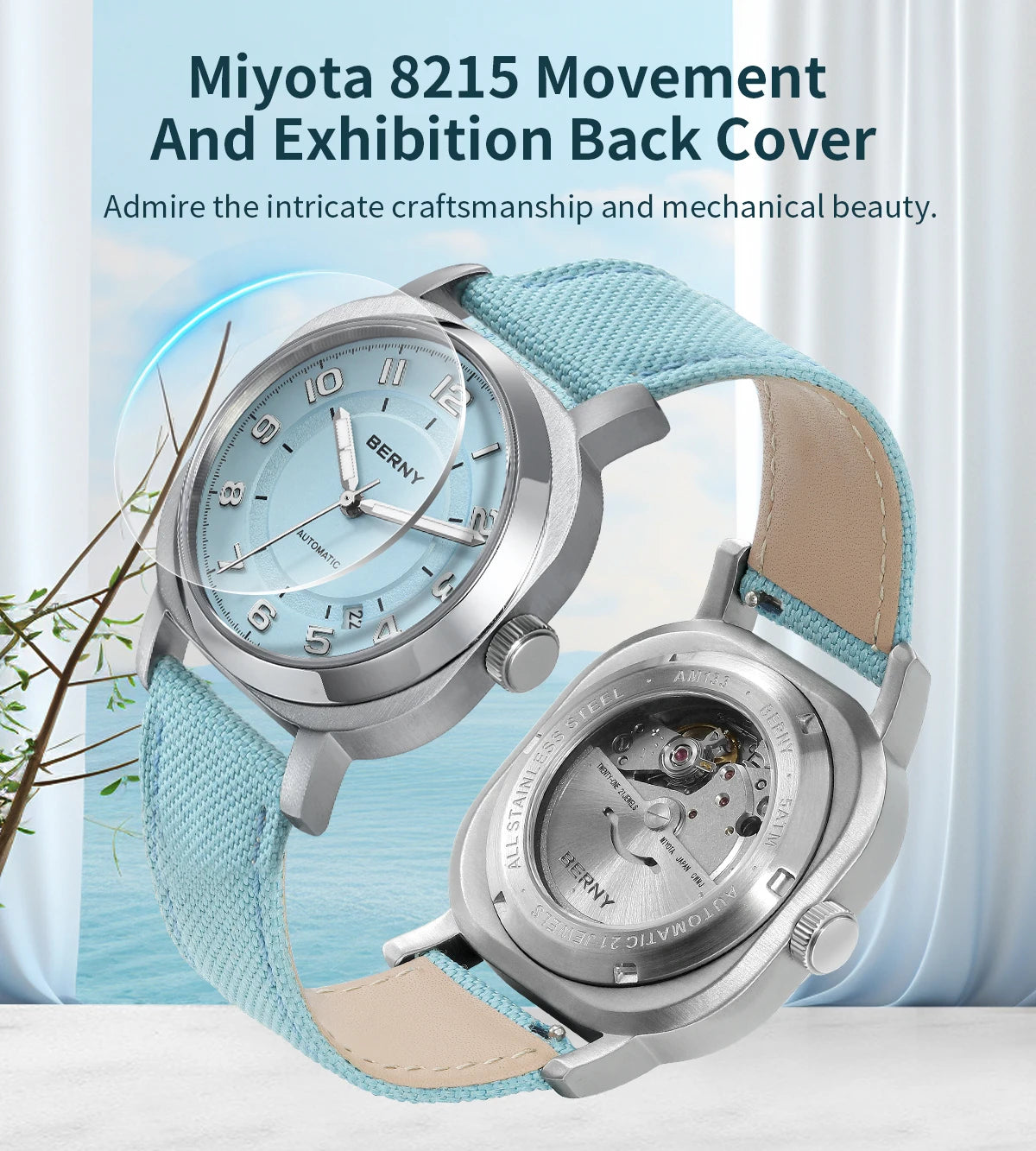 BERNY Women’s Mechanical Watch — Self-Wind Pillow Cushion Design with Sapphire Crystal, Super Luminous Display, Canvas Strap, and Calendar Function