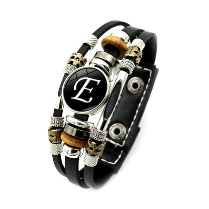 A-Z English Letters Leather Bracelet - 26 Initial Cabochon Glass Snap Wristband for Men & Women, Couple Gift