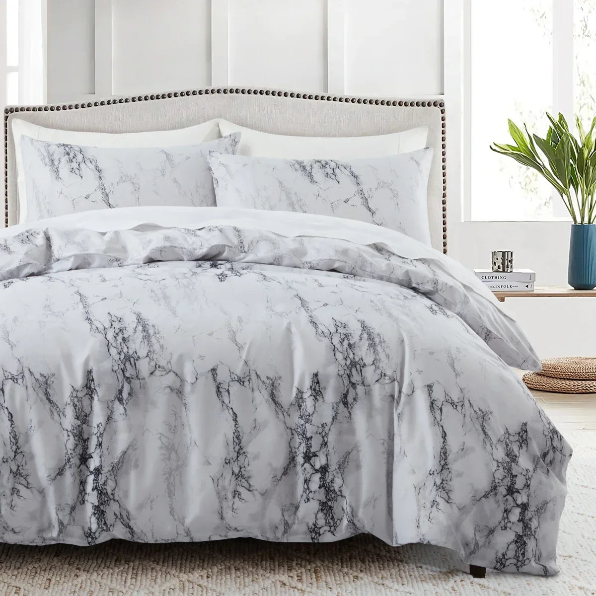 Grey Feather Duvet Cover Set – Full/Queen Boho Bedding with Soft Reversible White Comforter Cover for Kids & Teens