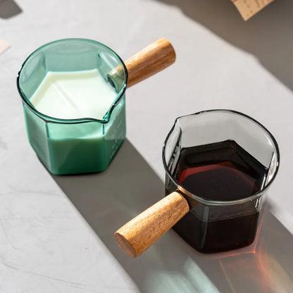 120ml Glass Espresso Measuring Cup with Wooden Handle — Hexagon Coffee Milk Jug & Sauce Pitcher