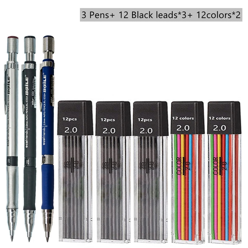 Mechanical Pencil Set 2.0mm – Automatic Pencil with 2B Black & Colored Lead Refills for Writing, Sketching, & Art Drawing