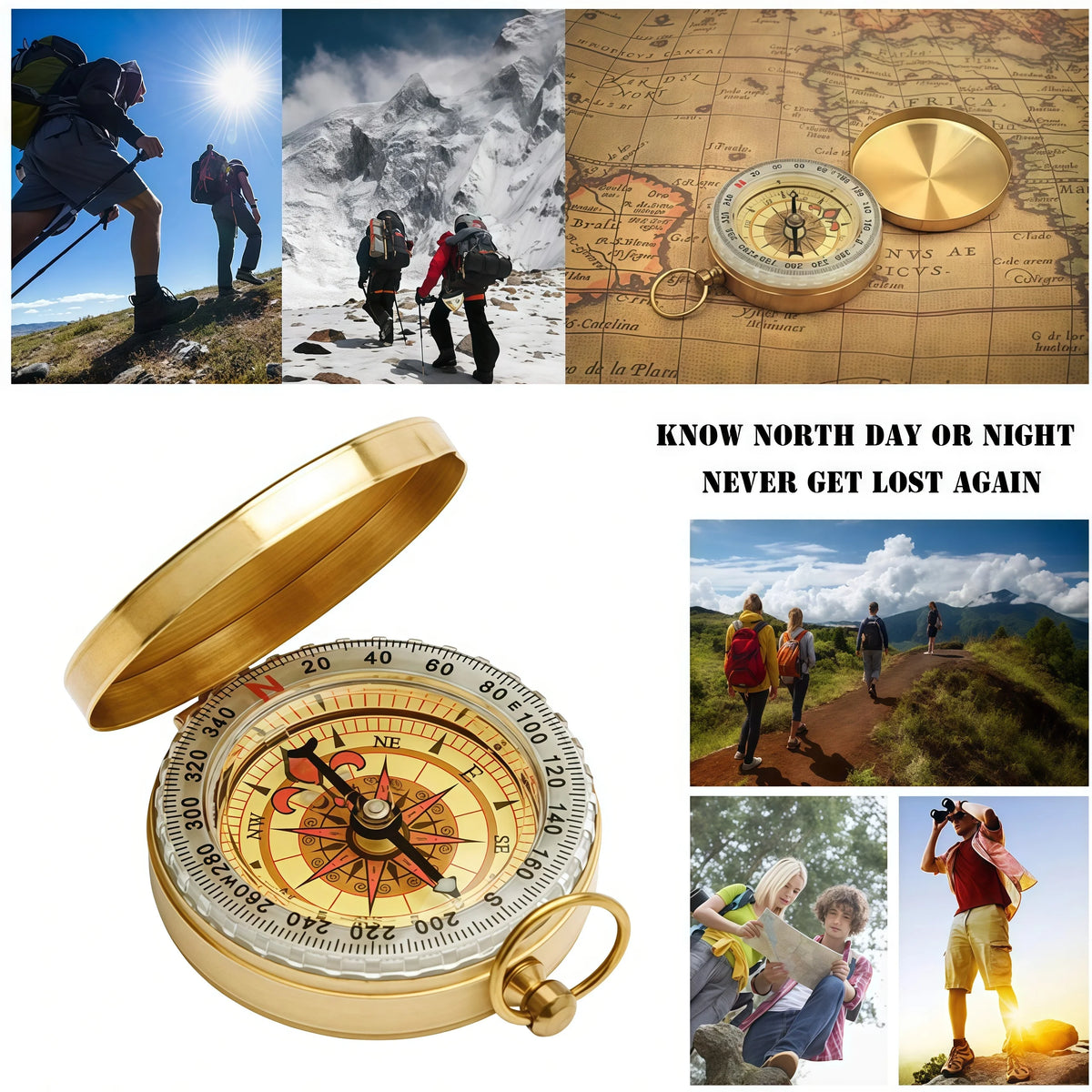 Brass Outdoor Compass - Portable Gold Pocket Navigation Compass with Glow-in-the-Dark Display for Camping & Hiking