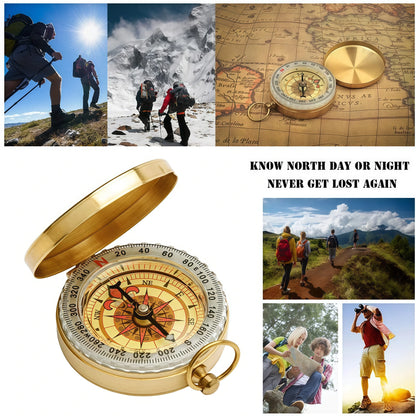 Brass Outdoor Compass - Portable Gold Pocket Navigation Compass with Glow-in-the-Dark Display for Camping & Hiking