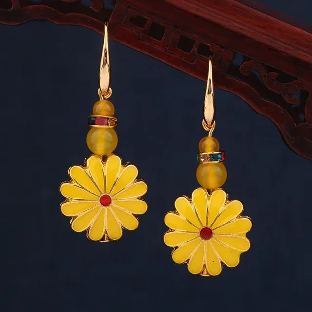 Vintage Flower Drop Earrings - Natural Stone Ethnic Jewelry for Women