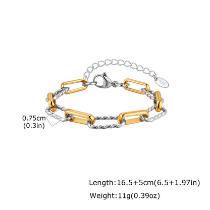 Women's Two-Tone Twist Paperclip Bracelet – Chunky Stainless Steel Adjustable 18K Gold Plated Link Jewelry