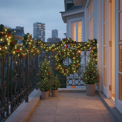 Christmas Garland Wreath with Pinecones & Red Berries – Artificial LED Rattan Decor for Tree, Stairs & Door