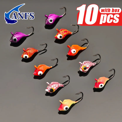 ANFS 10pcs Ice Fishing Lures - Vibrant Color Fishing Jigs with Hooks for Winter Ice Angling