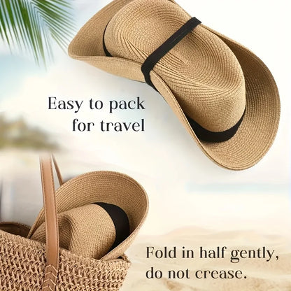Unisex Straw Fedora Hat - Summer Beach Ribbon Jazz Style Sun Hat for Men & Women