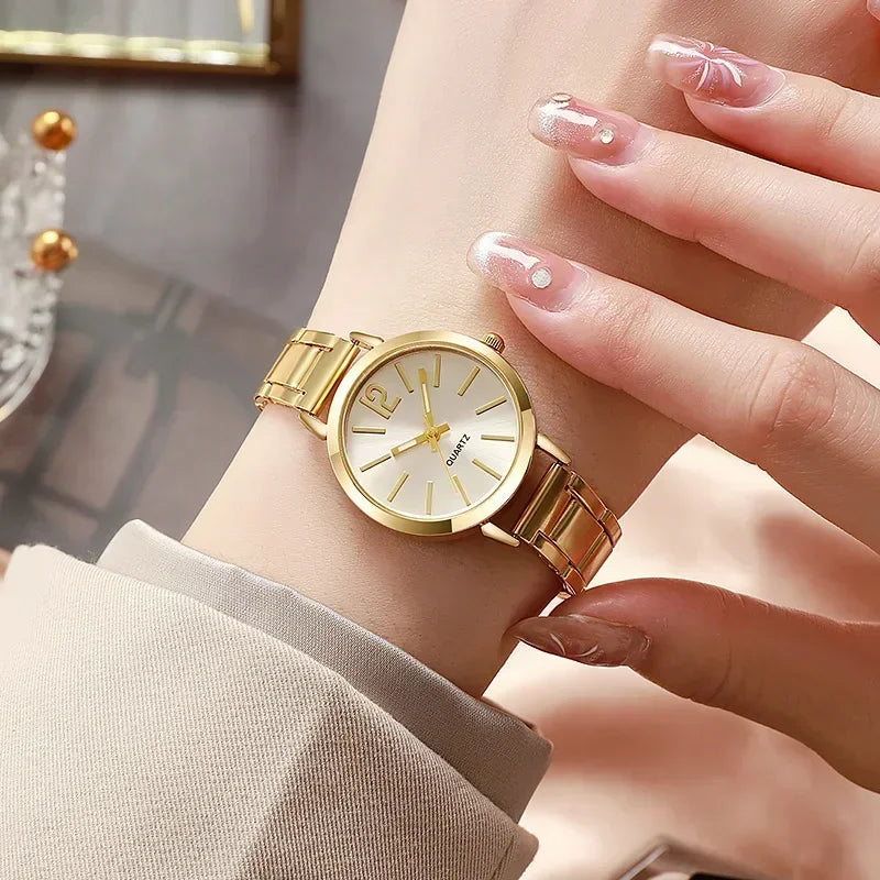 Luxury Watch for Women - Simple Round Dial Stainless Steel, Fashion Gold Bracelet Quartz Wristwatch, Stylish for Students & Ladies, Reloj Mujer